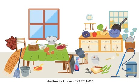 
Dirty kitchen. Disorder in the interior. Vector flat illustration