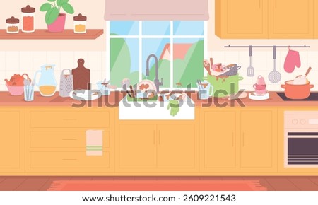 Dirty kitchen interior. Dishes after eating or cooking process. Messy plates bowls utensils in sink and on table. Household, kitchenware racy vector scene