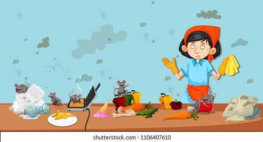 Dirty kitchen scene with cleaner illustration