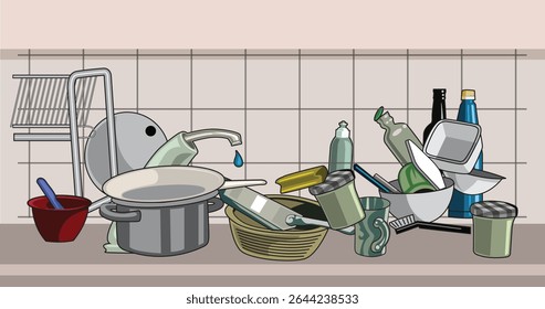 Cozinha Suja, Uma Pia Cheia de Pratos Sujos Esperando para ser Lavado, estilo de ilustração.