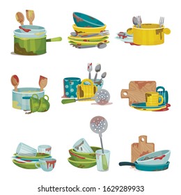 Dirty Kitchen Utensils and Crockery Vector Illustrations Set