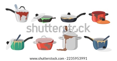 Dirty kitchen utensils vector illustrations set. Collection of cartoon drawings of messy kitchenware, frying pans, cooking pots isolated on white background. Housework or household, hygiene concept ストックフォト © 