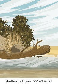 Un lago sucio con un árbol seco caído, piedras y hierba seca en la orilla. Paisaje realista de la Vertical del Vector