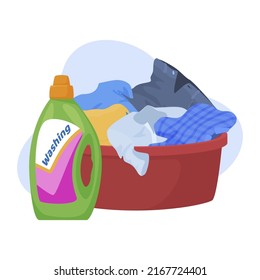 Dirty laundry basket with detergent washing cleaning gel vector illustration. Stack dirt cotton apparel in red basin ready for launder isolated. Textile wear underwear routine household and chores