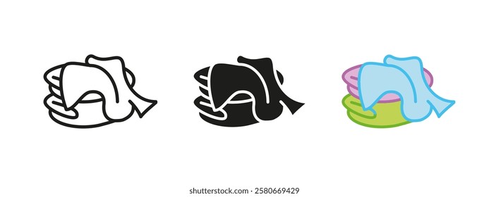 Dirty laundry icon. Unwashed clothes pile vector illustration. Messy textile stack symbol. Household cleaning sign. Fabric hygiene maintenance concept.