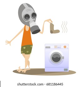 Dirty laundry, man and washing machine isolated. Man in the gas mask holds a dirty sock and going to wash it in the washing machine
