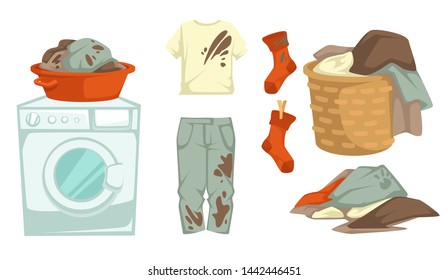 Dirty laundry mud stains and washing machine vector isolated objects messy linen in wicker basket or basin laundromat cleanliness and hygiene filthy t-shirt and jeans muddy socks clothing pile or heap