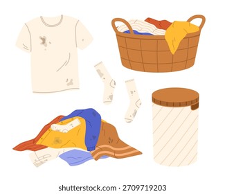Dirty laundry set. Laundry basket. Messy pile of dirty clothes. Flat vector isolated illustration