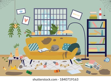 Dirty Living Room In House. Interior Of Messy Uncomfortable Untidy Room With Furniture, Scattered Things, Garbage, Sleeping Cat And Cobwebs. Vector Flat Illustration.
