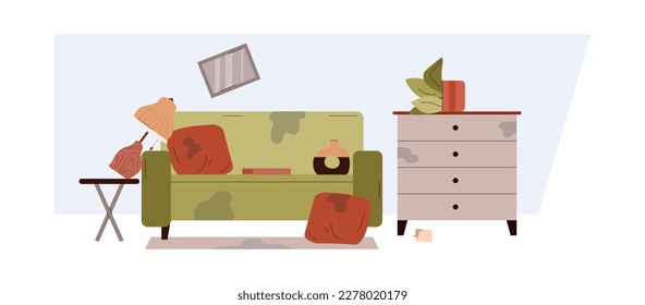 Dirty living room with stains on sofa and mess, flat vector illustration isolated on white background. Room interior before cleaning. Untidy apartment, disorder and chaos.