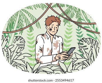 Dirty lost man office employee holding mobile phone and standing in jungle trying to send sos signal. Lost businessman suffers due to lack of GPS network in forest and feels helpless in wild