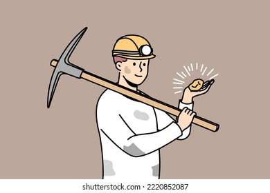 Dirty male miner in helmet holding jewel in hands. Man working in mine searching for precious stones. Occupation. Vector illustration. 