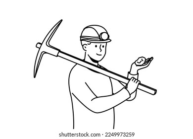 Dirty male miner in helmet holding jewel in hands. Man working in mine searching for precious stones. Occupation. Vector illustration. 