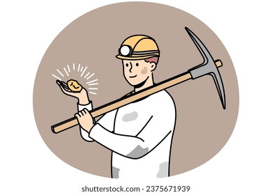 Un sucio minero con casco sostiene una joya en las manos. Hombre trabajando en las minas buscando piedras preciosas. Ocupación. Ilustración vectorial.