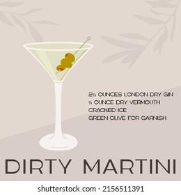 Dirty Martini Cocktail In Glass With Ice And Stuffed Olives On Skewer. Summer Aperitif Recipe Retro Elegant Square Card. Print With Alcoholic Beverage And Olive Tree On Background. Vector Illustration