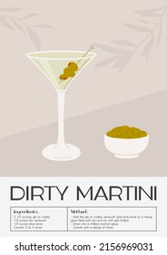 Dirty Martini Cocktail in glass with ice and olives on skewer. Summer aperitif recipe retro elegant poster. Print with classic alcoholic beverage and appetizer. Vector illustration.