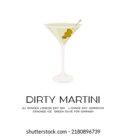 Dirty Martini Cocktail in glass with ice and stuffed olives on skewer. Summer aperitif recipe retro square card. Minimalistic print with alcoholic beverage on white background. Vector illustration.