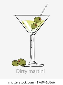 Dirty martini cocktail. Cocktail green with olives stick, alcoholic aperitif based vodka dry vermouth olives are served martini vector glass category drinks new era.