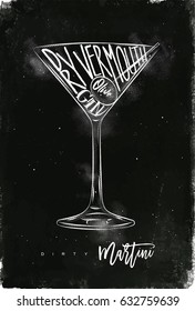 Dirty Martini Cocktail Lettering Dry Vermouth, Gin, Olive In Vintage Graphic Style Drawing With Chalk On Chalkboard Background