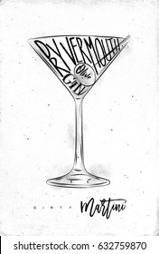 Dirty Martini Cocktail Lettering Dry Vermouth, Gin, Olive In Vintage Graphic Style Drawing On Dirty Paper Background