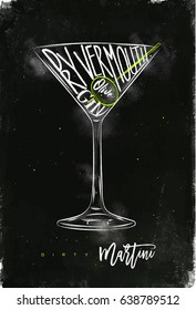 Dirty Martini Cocktail Lettering Dry Vermouth, Gin, Olive In Vintage Graphic Style Drawing With Chalk And Color On Chalkboard Background