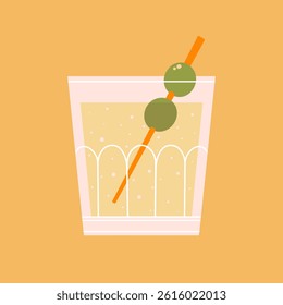 Dirty Martini cocktail. Vector alcohol drink in lowball glass with olives and gin