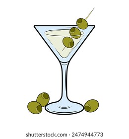 Dirty Martini Hand Drawing Alcohol Cocktail with olives on white background. Doodle style cold drink for bars, restaurants, menu, banner, poster. Vector illustration.