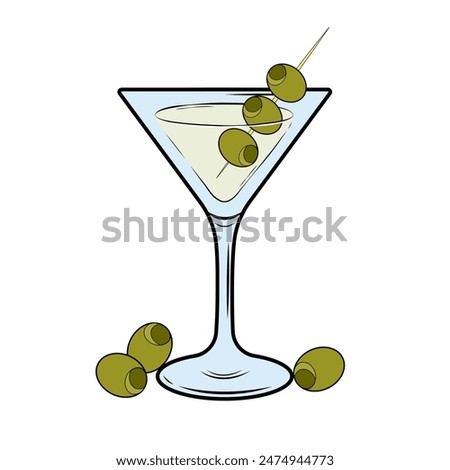 Dirty Martini Hand Drawing Alcohol Cocktail with olives on white background. Doodle style cold drink for bars, restaurants, menu, banner, poster. Vector illustration.