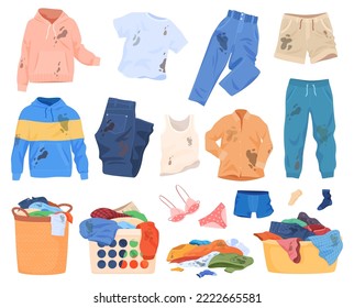 Dirty men s womens clothing. A messy pile of dirty laundry. Laundry baskets. Vector illustration