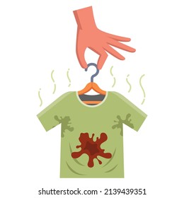 dirty men's t-shirt with food stain. sweat stains on clothes. flat vector illustration.