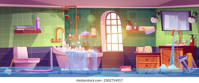 Dirty messy bathroom flooded with water from tub and sink. Cartoon vector illustration of home disaster with bath leak, broken faucet and clogged plumbing pipe. Overflow in house toilet room.