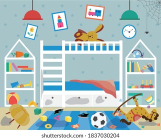 Dirty Messy Childrens Room Interior With Scattered Things And Dirty Furniture, Flat Cartoon Vector Illustration. Kids Bedroom Which Need Cleaning And Tidying Up.