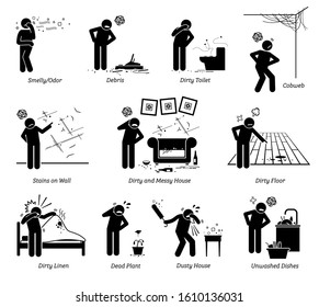 Dirty and messy house stick figure pictogram icons. Vector illustration of a person complaining about a poorly maintained house that is old, dirty, and messy. 