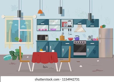 Dirty Messy Kitchen Vector Illustration.