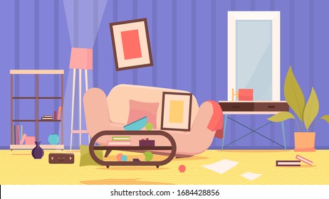 dirty messy room. damaged sofa disorganized home furniture garbage on floor shelves trash environment junk house vector