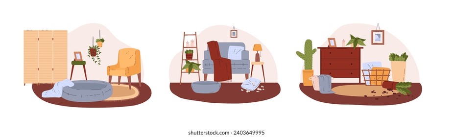 Dirty and messy room interiors collection, cartoon flat vector illustration isolated on white background. Chaos and disarray of neglected house, cluttered rooms.