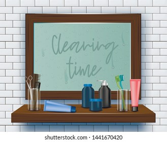 Dirty Mirror on Bathroom Wall. Cleaning Time. Means for Cleaning Apartment. Clean House. Vector Illustration. Cleaning Realistic. Dirty Surface. Modern Cleaning Product. Toiletries on Shelf.