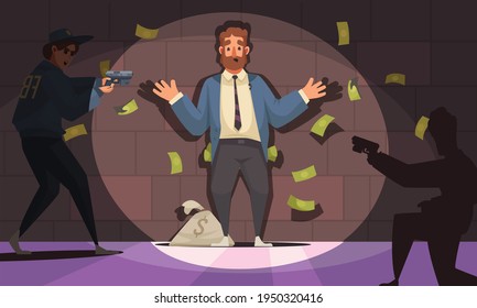 Dirty money corruption cartoon composition with bribed government official civil servant detention amidst flying dollars banknotes vector illustration