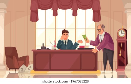 Dirty money corruption crime cartoon composition with bribing major executive official in his office vector illustration