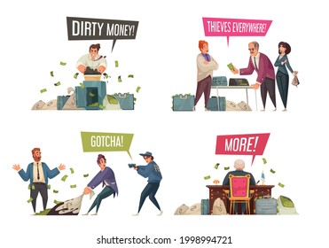 Dirty money gaining laundering illegal activities concept 4 funny cartoon compositions with theft corruption crimes vector illustration