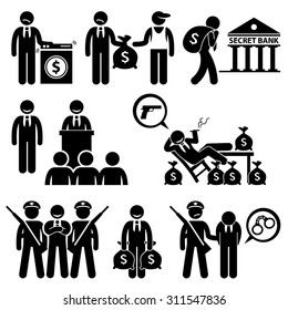 Dirty Money Laundering, Illegal Activity, Politic Crime, Stick Figure Pictogram Icons