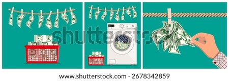 Dirty money in washing machine and dry clean banknotes. Money laundering financial illegal crime concept. Cash purification.
