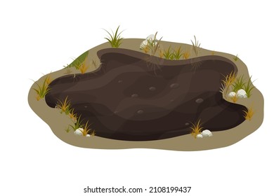 Dirty mud puddle, swamp with stone, grass in cartoon style isolated on white background. Natural wet soil, forest pond, lake clip art. 