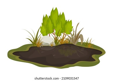 Dirty mud puddle, swamp with stone, grass in cartoon style isolated on white background. Natural wet soil, forest pond, lake clip art. 