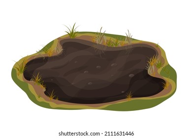 Dirty mud puddle, swamp with stone, grass in cartoon style isolated on white background. Natural wet soil, forest pond, lake clip art. 