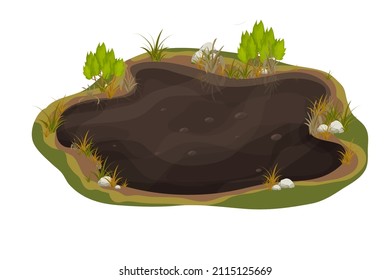 Dirty mud puddle, swamp with stone, grass in cartoon style isolated on white background. Natural wet soil, forest pond, lake clip art. 