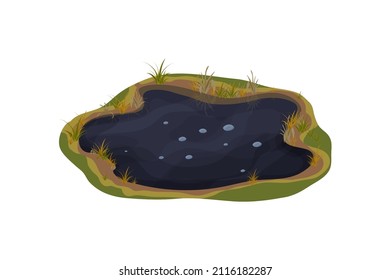 Dirty mud puddle, swamp with stone, grass in cartoon style isolated on white background. Natural wet soil, forest pond, lake clip art. 