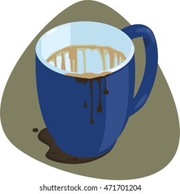 Dirty mug. Blue bistro ceramic mug with coffee stains. Mug with drips and coffee leftovers. Isolated on olive background.