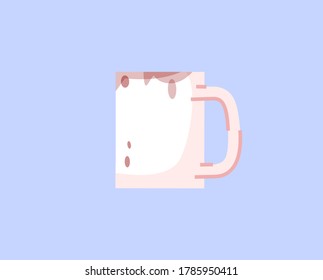 Dirty mug semi flat RGB color vector illustration. Unwashed cup with old coffee stains isolated cartoon object on blue background. Caffeine addiction, bad hygiene, coffeeholic attribute