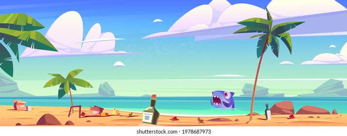 Dirty ocean beach with trash and scared shark in water. Concept of ecology problems and ocean pollution. Vector cartoon illustration of tropical sea sand shore with garbage, bottles and boxes